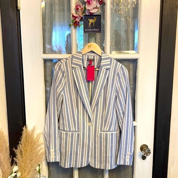- NWT Vince Camuto Linen Blend Blue Striped Blazer - Picture 1 of 11